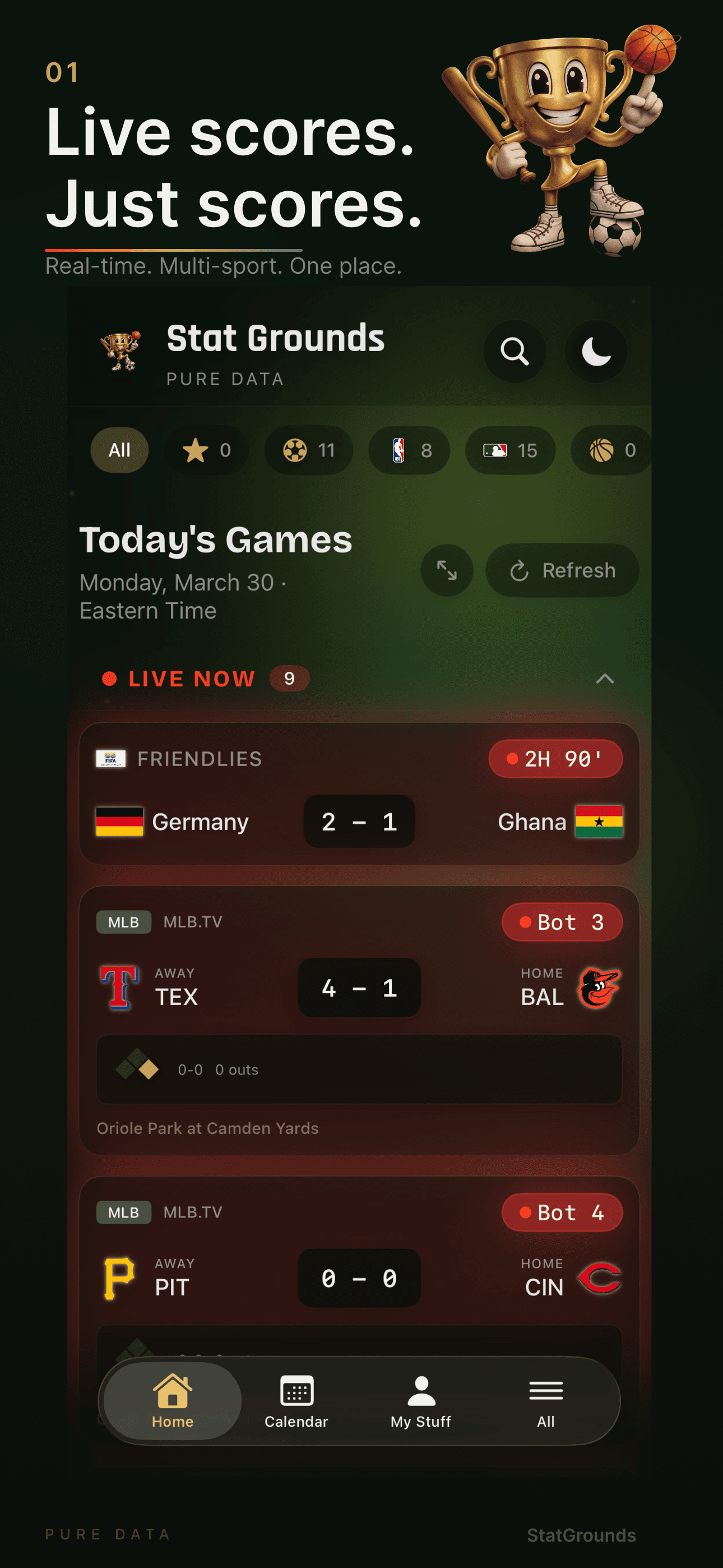 Live scores — home screen with real-time games