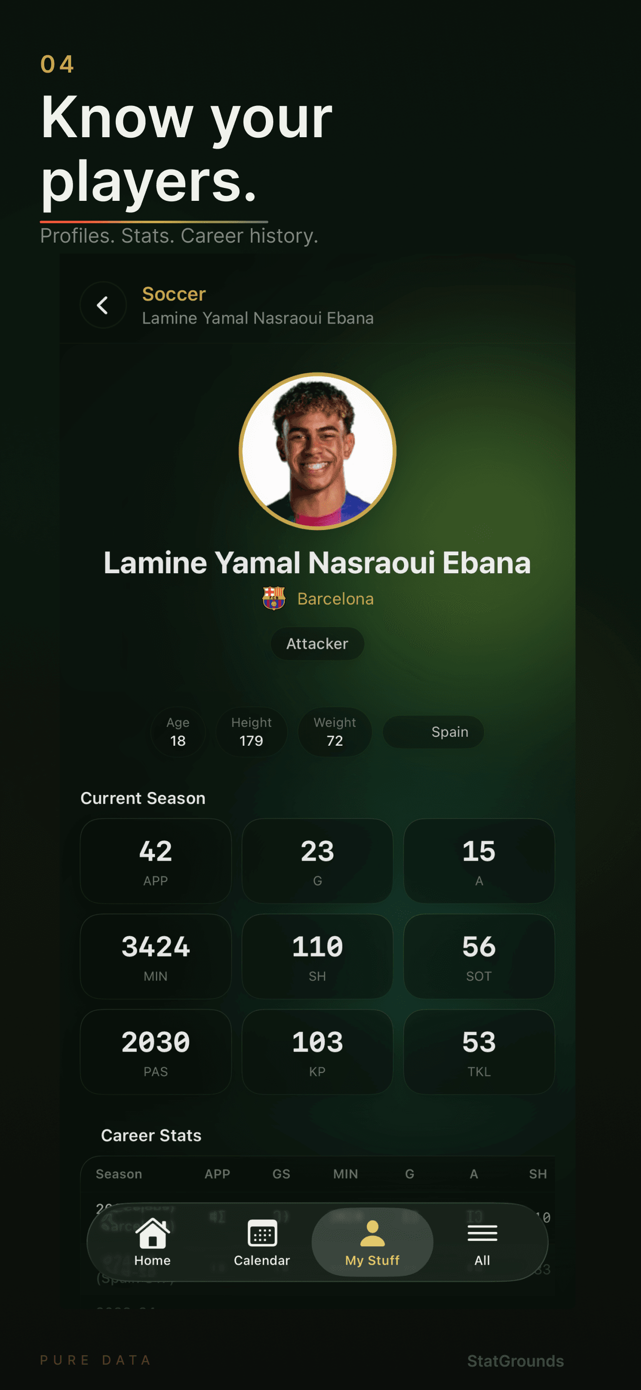 Player profile — season stats and career history